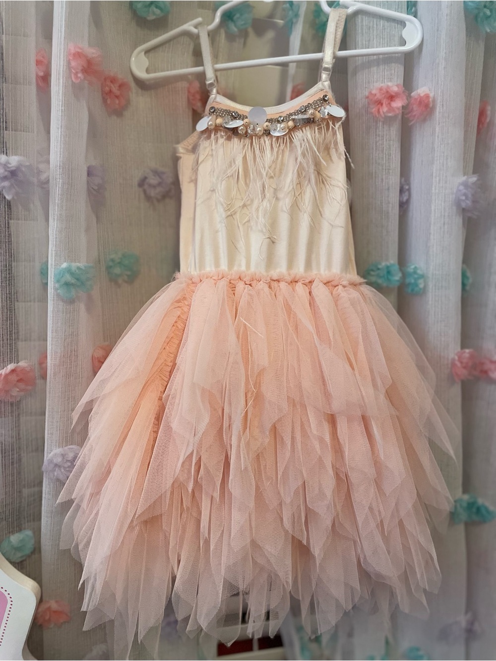 Peach Tulle Party Dress with Feather & Sequin Bodice